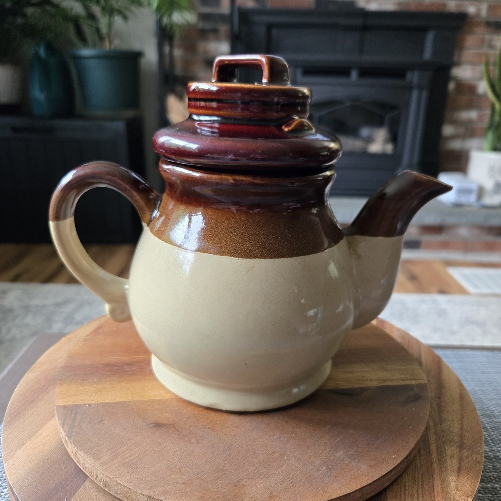 Vtg Tri Colored Stoneware Teapot Brown Tan